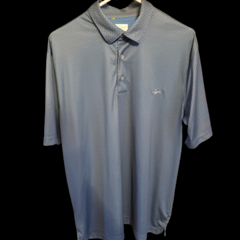 SHARP LOOKING MENS GREGNORMAN PLAY DRY GOLF SHIRT.  SZ LG. BLUE AND GOLD